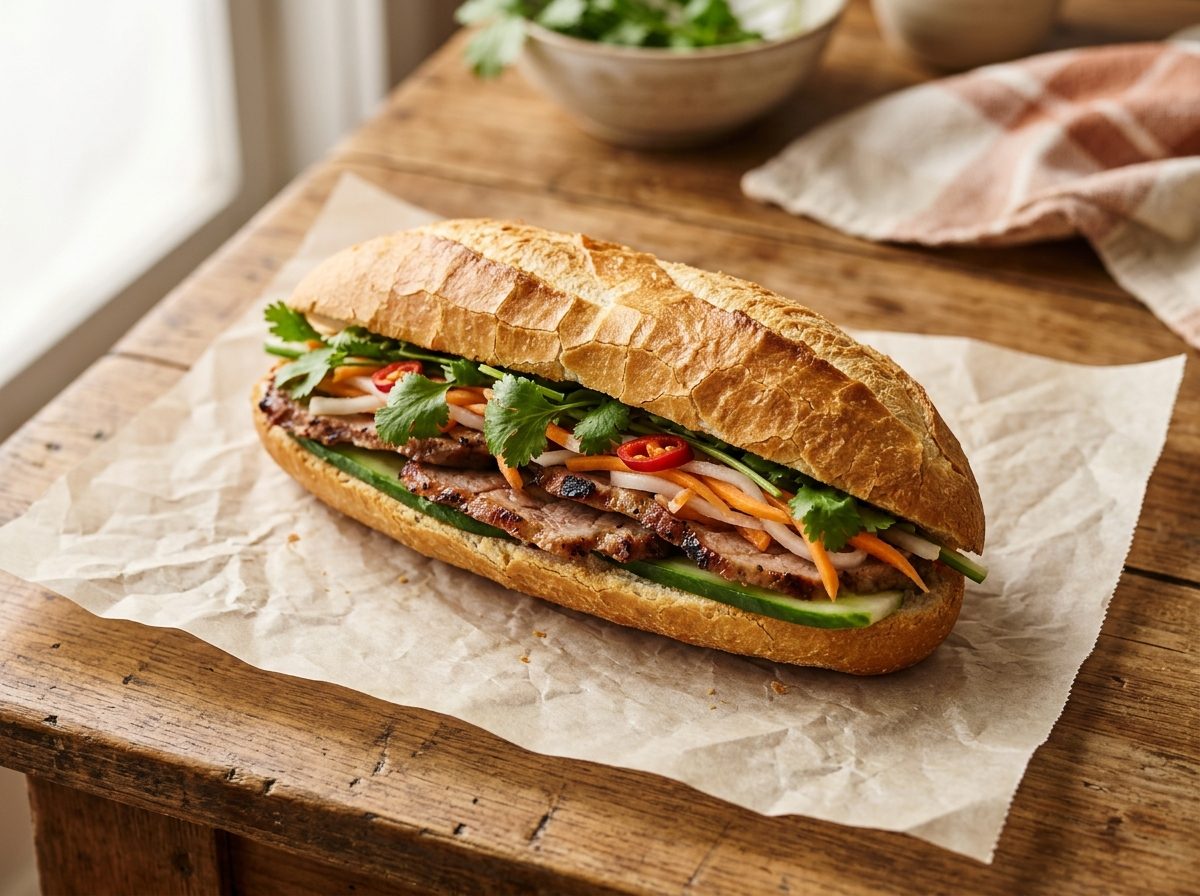 Illustration of a grilled pork bánh mì sandwich with pickled carrot, cucumber, coriander and chilli on paper on a wooden table